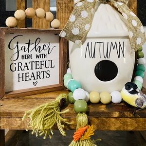 Rae Dunn bird house, beaded garland, sign and bird